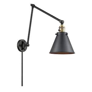 Appalachian 8 in. 1-Light Black Antique Brass Wall Sconce with Matte Black Metal Shade with On/Off Turn Switch