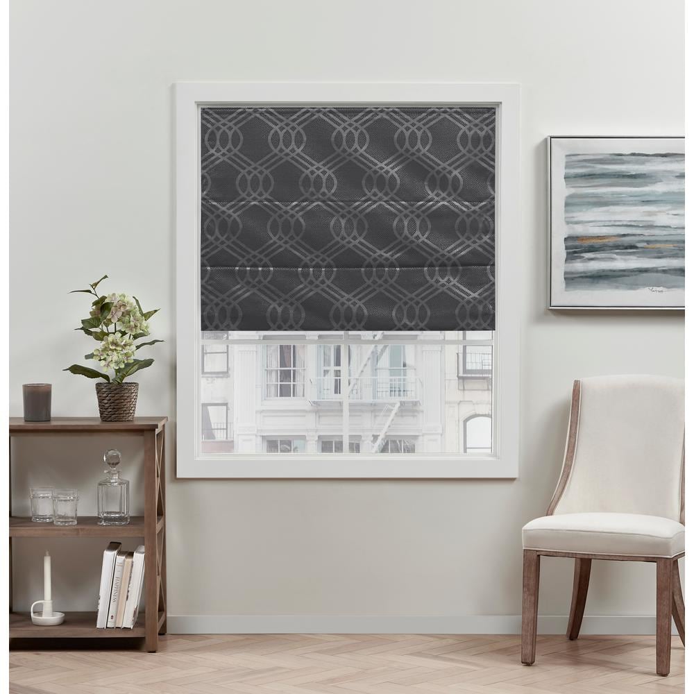 Gray Cordless Blackout Roman Shade with Woven Jacquard Pattern