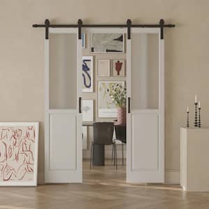 42 in. x 84 in. Half Lite Tempered Frosted Glass White Prefinished MDF Double Sliding Barn Door Slab with Hardware Kit