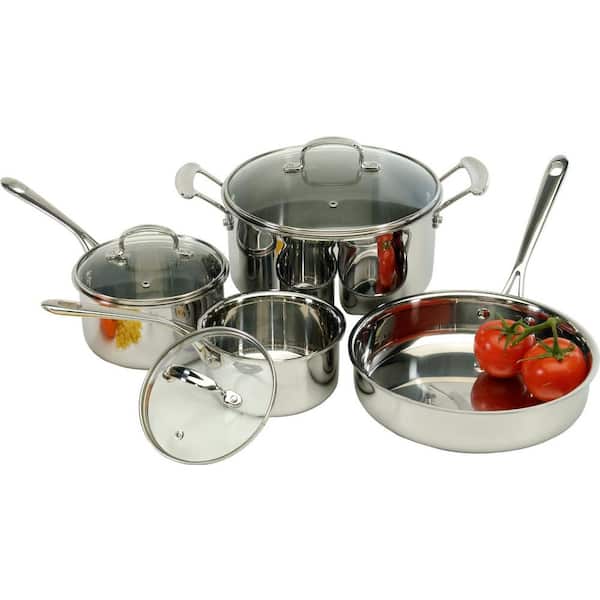 ExcelSteel 7 Pc Cookware Set w/Red Silicone Handles, Set of 7: 3 lids, 1 QT  Sauce Pan, 2 QT Sauce Pan, 5 QT Dutch Oven, and 9.5 Fry Pan, Stainless