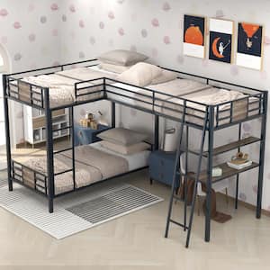 Metal L-Shape Triple Bunk Bed, Twin Over Twin Bunk Bed Attached a Loft Bed with Desk and Shelf