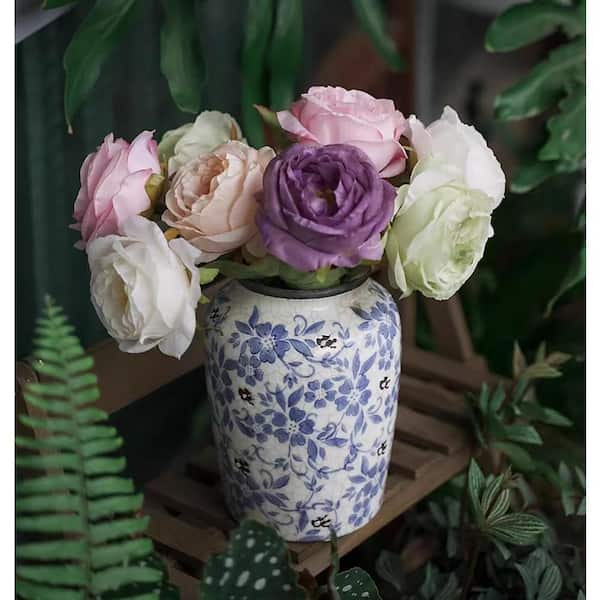 Round Blue Vase Flower Ceramic Porcelain Vintage Chinoiserie