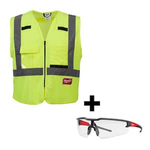Small/Medium Yellow Class 2 High Visibility Safety Vest with 10 Pockets & Clear Safety Glasses Anti-Scratch Lenses
