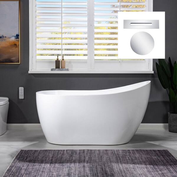 WOODBRIDGE 54 in. Acrylic Flatbottom Single Slipper Bathtub with Polished Chrome Overflow and Drain Included in. White