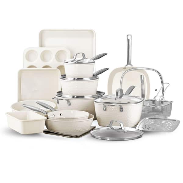 PRO Hammered 20-Piece Aluminum Ceramic Nonstick Cookware Set, Cream