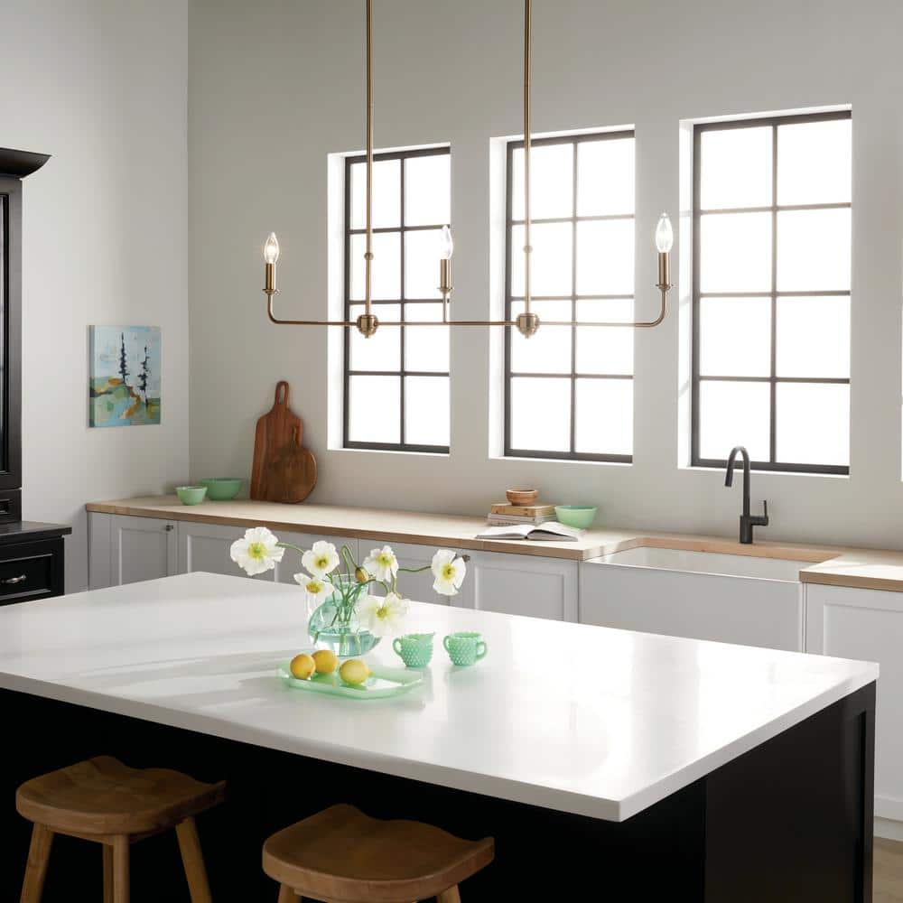 Brushed Natural Brass 3-Light Linear Chandelier with Fabric Shades
