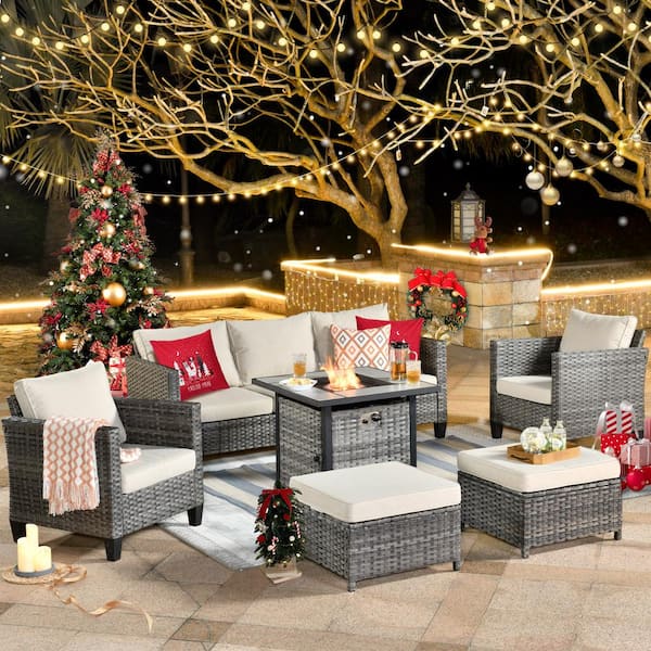 XIZZI Megon Holly 6-Piece Wicker Outdoor Patio Fire Pit Seating Sofa Set with Beige Cushions