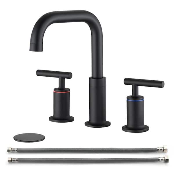 UPIKER Modern 8 in. Widespread Double Handle 360-Degree Swivel Spout Bathroom Faucet with Drain Kit Included in Matte Black