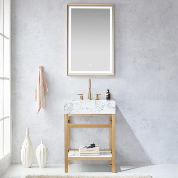 ROSWELL Ecija 24 in. W x 22 in. D x 33.9 in. H Single Sink Bath Vanity in Brushed Gold with White Engineered Stone Composite Top