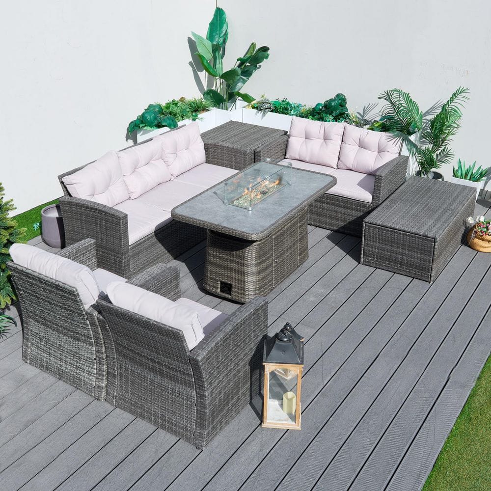 Stove Grey 7-Piece Wicker Patio Conversation Sofa Set with Adjustable Height Fire Pit Table, Storage Box and Cushions price history on PriceWatchPro