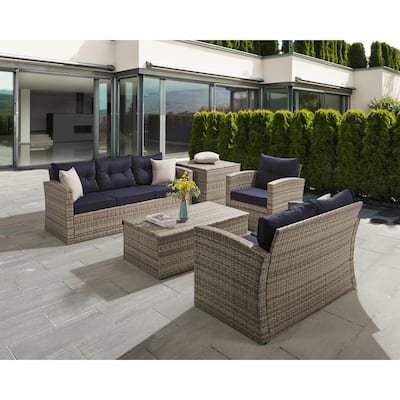 5-Piece Wicker/Rattan Metal Outdoor Patio Sectional Conversation Seating Set with Navy Blue Cushions