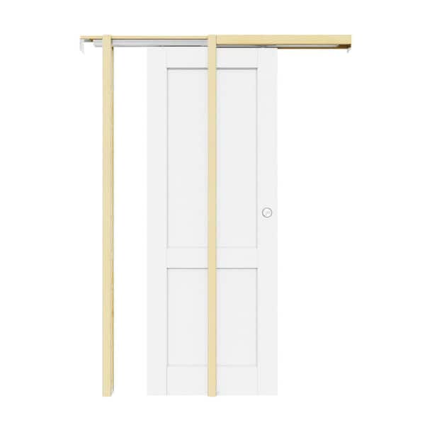 30 in. x 80 in. Paneled 2-Lite White Primed Wood Pocket Door with Hardware Kit (Soft Close and Round Silver Handle Incl)