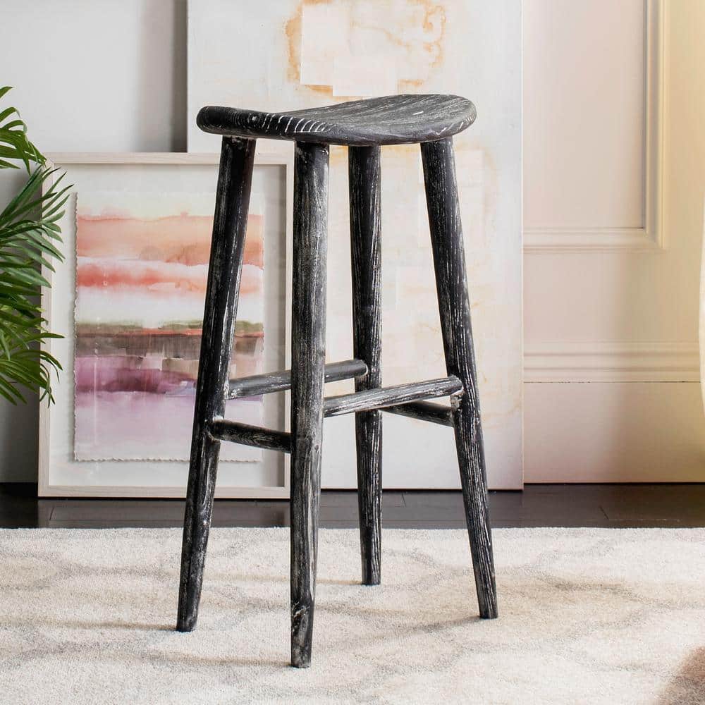 Transitional Black Wood Saddle Bar Stool, 18" W x 31" H