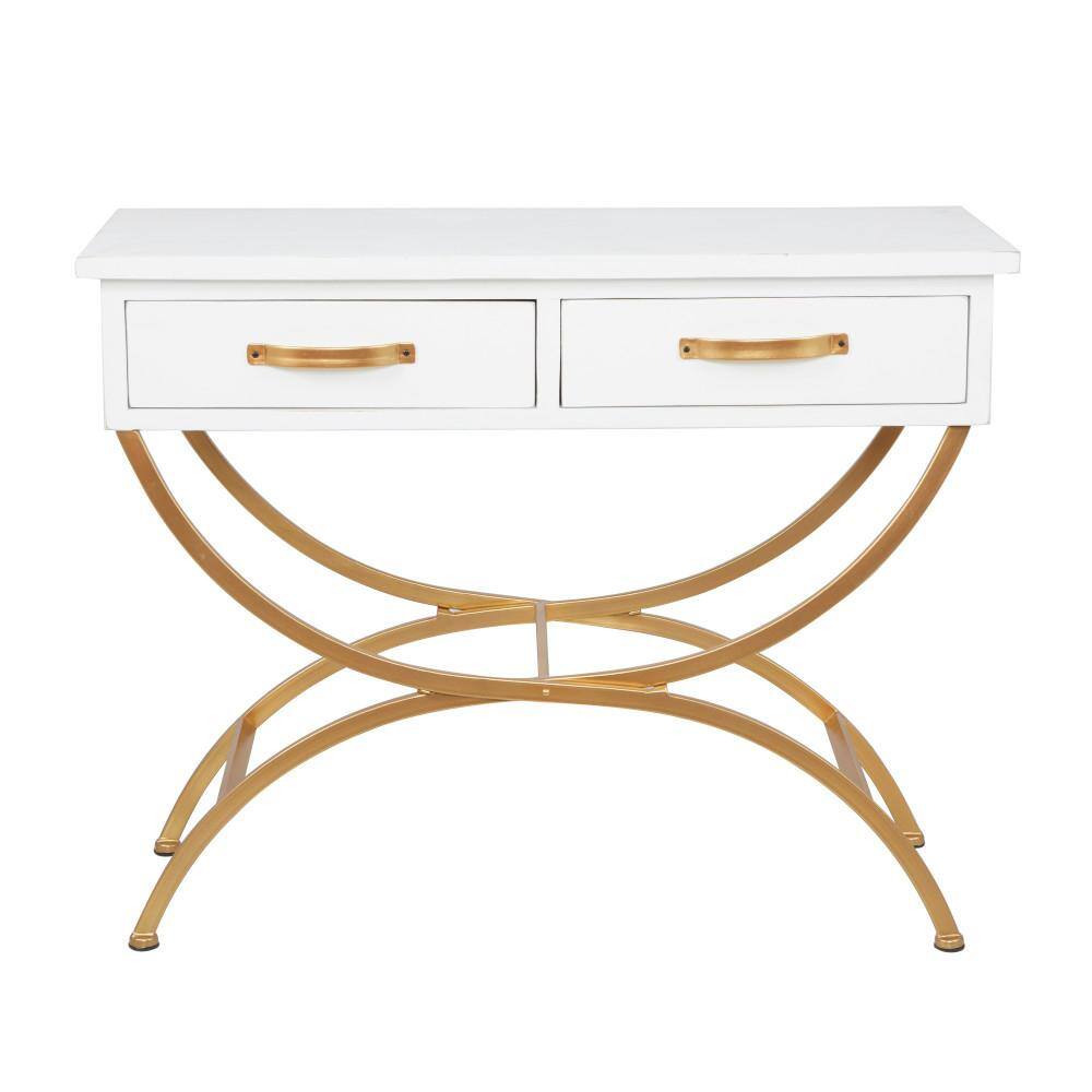 Sleek Pine & Metal Console Table with Dual Storage Drawers, White & Gold