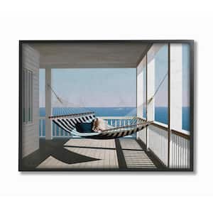 24 in. x 30 in. "Blue and White Striped Hammock on the Beach House Porch" by Zhen-Huan Lu Framed Wall Art