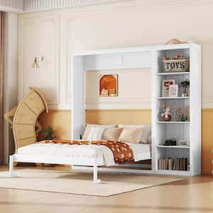White Wood Frame Full Size Murphy Bed, Wall Bed with 5-Layer Storage Shelves