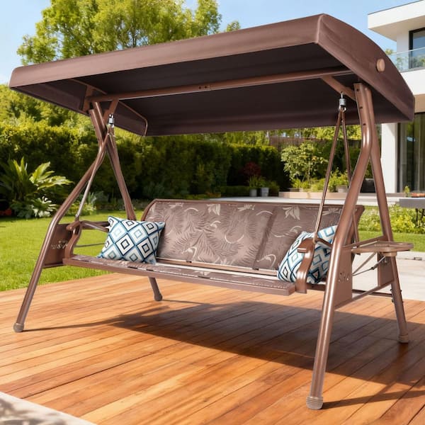 3 Person Brown Metal Porch Swing with Free Standing Brown Cushion Adjustable Canopy