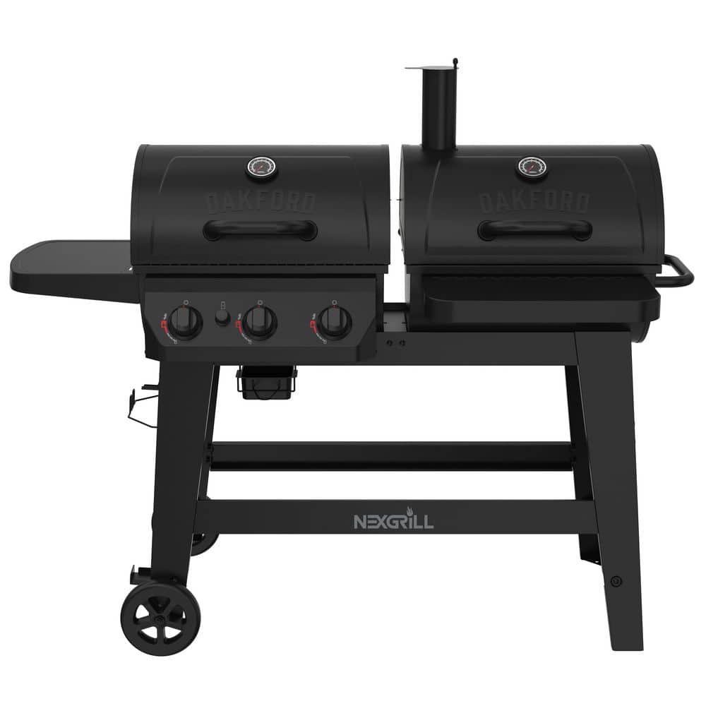 Oakford Frontier 42 3 Burner Gas Grill and Charcoal Offset Smoker Combo Grill in Black