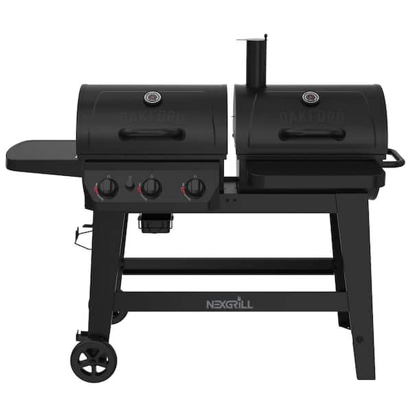 Oakford Frontier 42 3 Burner Gas Grill and Charcoal Offset Smoker Combo Grill in Black
