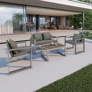 4-Piece Silver Aluminum and Rattan Outdoor Patio Conversation Set with Gray Olefin Cushions and Coffee Table