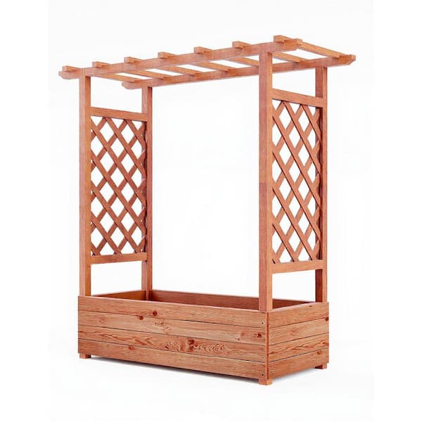 Garvee 43.3 in. x 17.3 in. x 45 in. Wooden Raised Garden Bed with Trellis and Hanging Roof in Brown for Climbing Plants