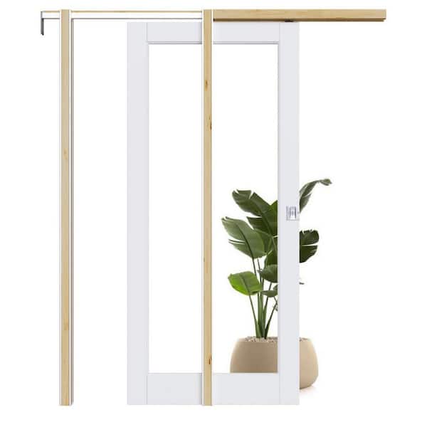 ARK DESIGN 36 in. x 80 in. 1-Lite Clear Glass Primed Door White Pocket Door Frame and Hardware (Soft Close and Silver Lock Incl)