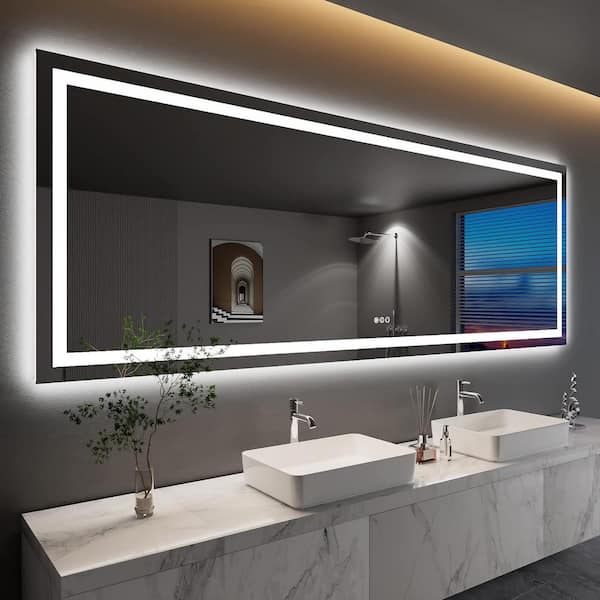 Apmir 110 in. W x 40 in. H Large Rectangular Frameless Dual LED Lights Anti-Fog Wall Bathroom Vanity Mirror in Tempered Glass