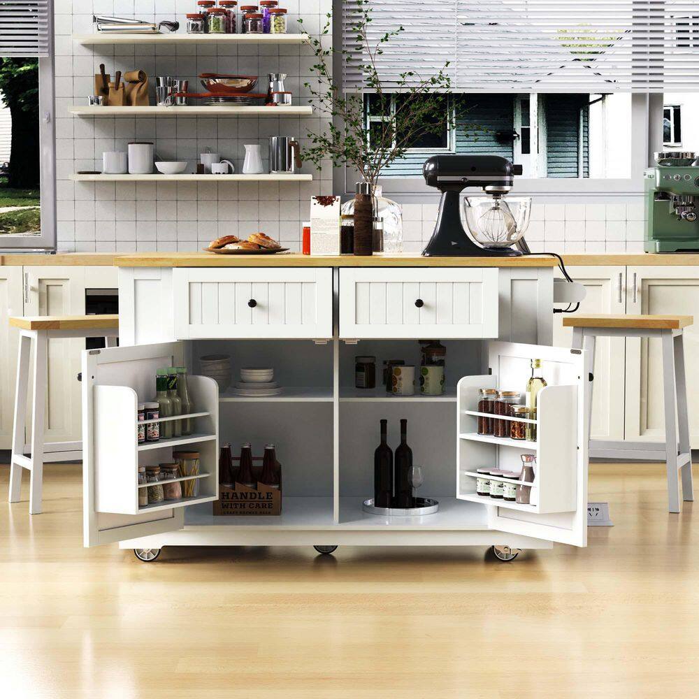 White Wood 48 in. Kitchen Island with 2 Bar Stools, Drop Leaf, Power Outlet, Internal Storage Rack