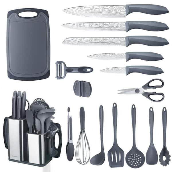 18 Piece Silicone Nonstick Cookware Set in Gray, Heat-Resistant Kitchen Utensils with Holder, Dishwasher Safe