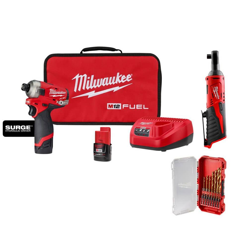 M12 FUEL SURGE 12V 1/4 in. Hex Impact Kit w/ (2) 2. 0Ah Batteries, Bag with M12 3/8 in. Ratchet with 15-Pc Set price history on PriceWatchPro