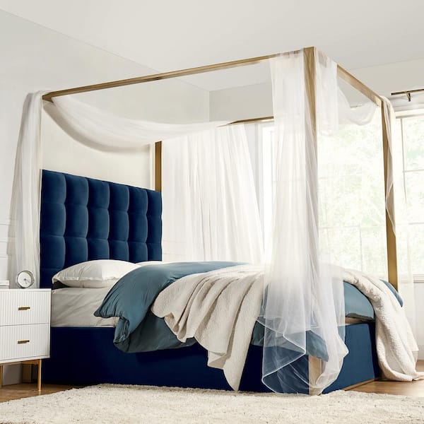 Madeleine Navy Gold Metal Wood Frame Upholstered Queen Size Canopy Bed