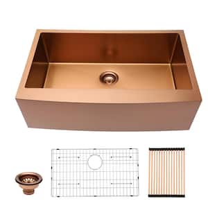 33 in. Farmhouse/Apron Front Single Bowl 16 Gauge Rose Gold Stainless Steel Kitchen Sink with Bottom Grid