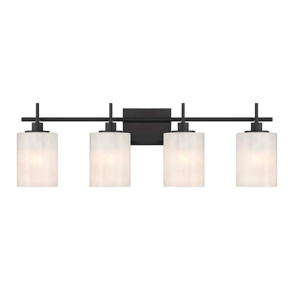 TUXEDO PARK LIGHTING 30.75 in. W x 9.75 in. H 4-Light Matte Black Modern Bathroom Vanity Light with White Stire Glass Shades