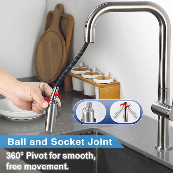 18 in. Single Handle Pull Down Sprayer Kitchen Faucet with 360° Spout and Soap Dispenser in Brushed Nickel