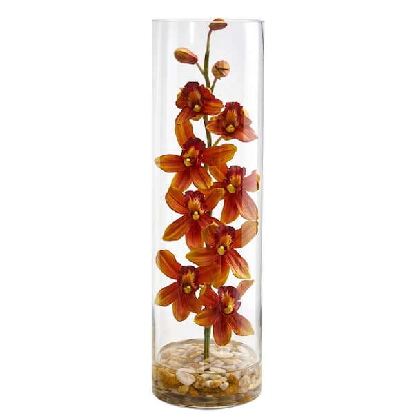 Nearly Natural Indoor Cymbidium Orchid Artificial Arrangement in Cylinder Vase