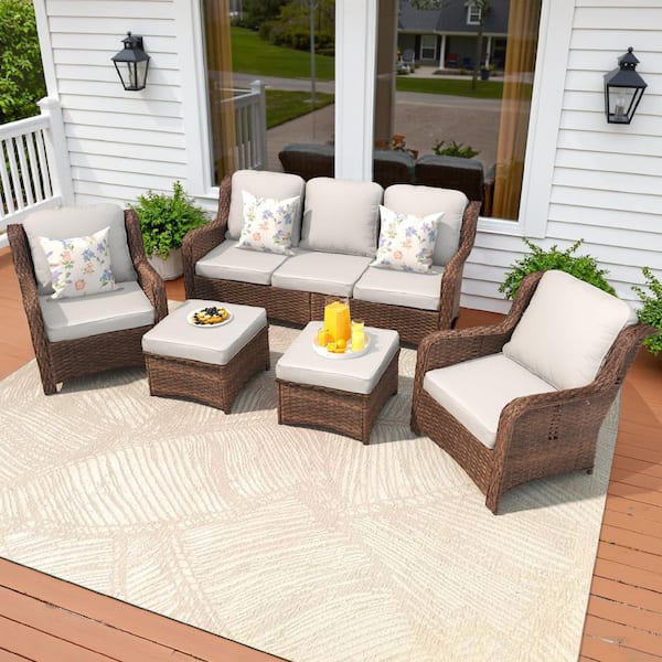 Brown 5-Piece Wicker Outdoor Sofa Couch Patio Conversation Set with Beige Cushions
