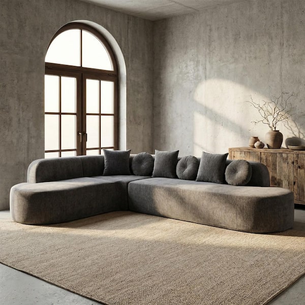 Jett 122.64 in. 2-Piece Polyester Compression Modular Curved Sectional Sofa in Gray with Pillows