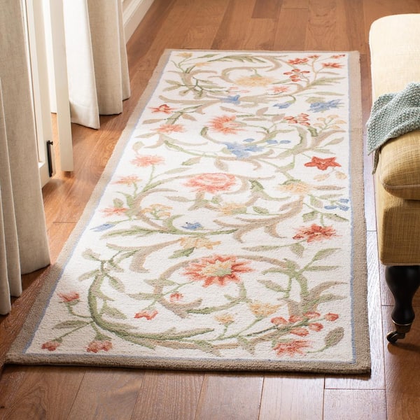 Chelsea Ivory 3 ft. x 8 ft. Solid Floral Border Runner Rug