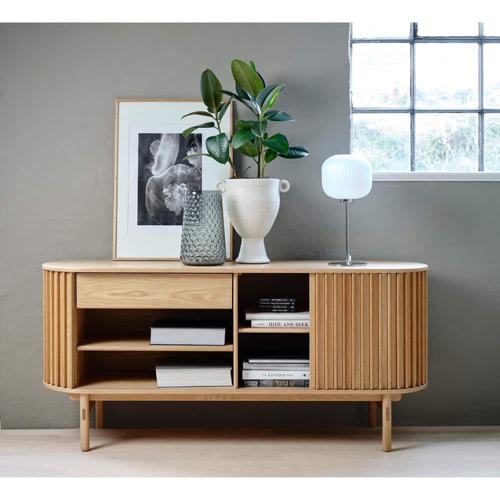 Natural Oak Mid-Century Modern Sliding Door Sideboard 63"W
