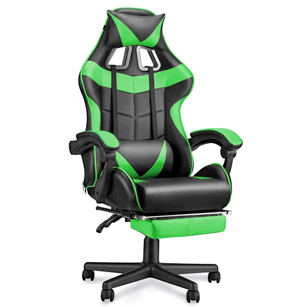 Green Gaming Chair with Footrest, Ergonomic Computer Chair Lumbar Support, PU Leather and Memory Foam Seat