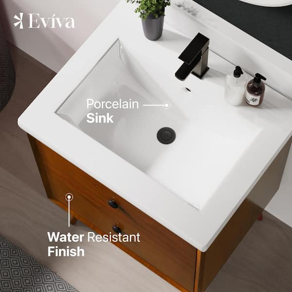 Eviva Caramel 24 in. W x 18 in. D x 34 in. H Single Sink Bath Vanity in Teak with White Porcelain Integrated Vanity Top
