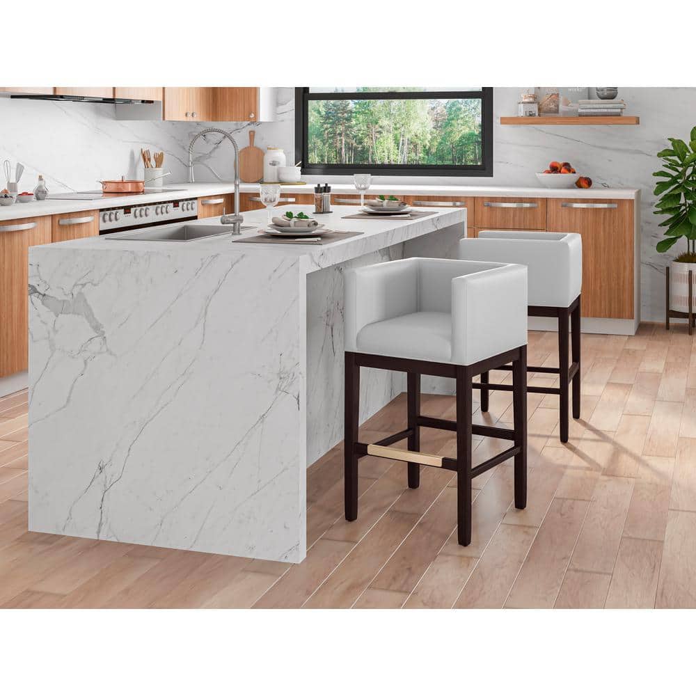 Kingsley 34" Ivory and Dark Walnut Leather Counter Stools, Set of 2