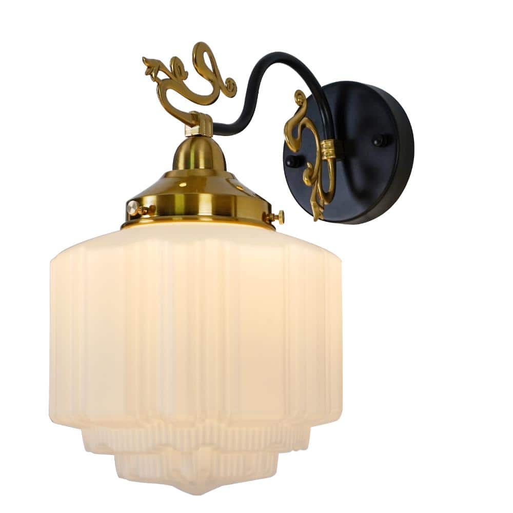 Vintage Art Deco Black & Brass Wall Sconce with Frosted Glass Shade Indoor Wall Light price history on PriceWatchPro