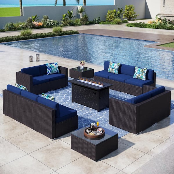 PHI VILLA Dark Brown Rattan Wicker 10 Seat 13-Piece Steel Outdoor Fire Pit Patio Set with Blue Cushions and Rectangular Fire Pit