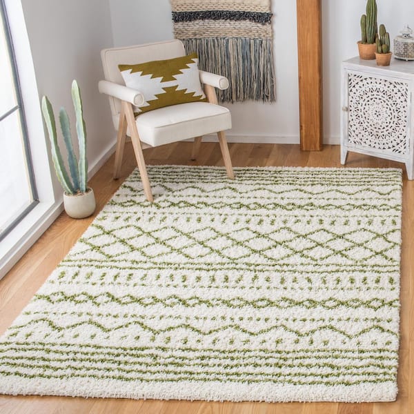 Arizona Shag Ivory/Green 3 ft. x 3 ft. Geometric Lodge Square Area Rug