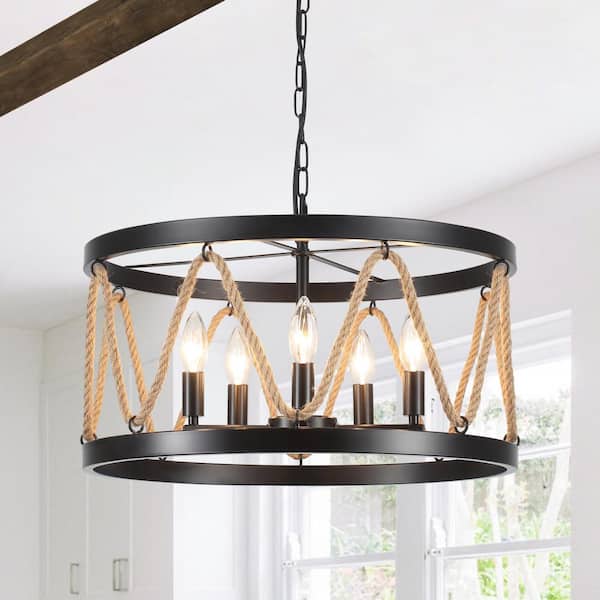 LWYTJO 5-Light Black Dimmable Drum Chandelier for Living Room with No Bulbs Included