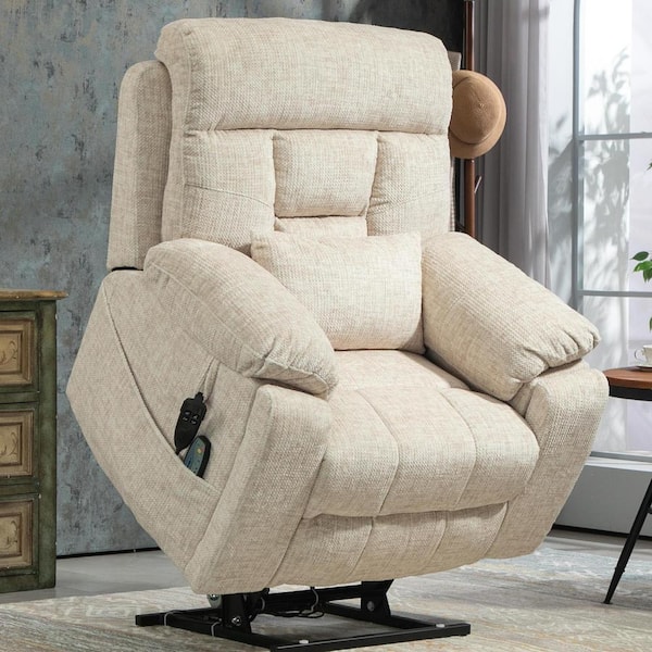 Enhanced Flagship Oversized Dual OKIN Motor Chenille Lift Recliner with Massage HeatingandAssisted Standing - Cream
