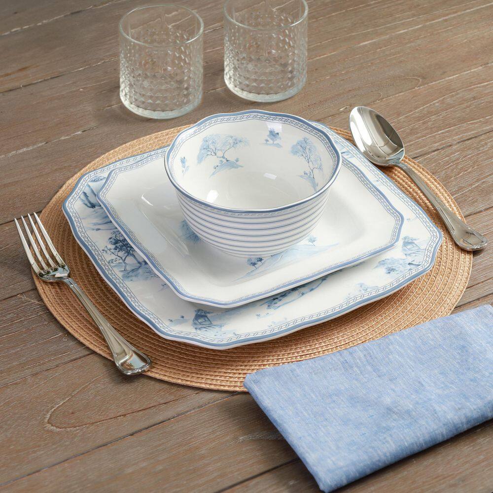 Scenic Toile Blue and White Porcelain 12-Piece Dinnerware Set