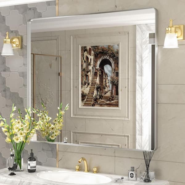 40 in. W x 36 in. H Rectangular Aluminum Alloy Framed and Tempered Glass Wall Bathroom Vanity Mirror in Brushed Silver