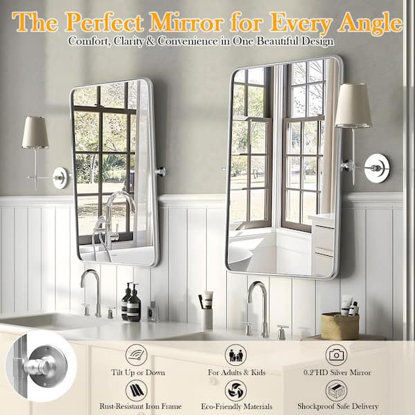 20 in. W x 30 in. H Classic Rectangular Metal Frame Silver Adjustable Vanity Mirror / Bathroom Mirror